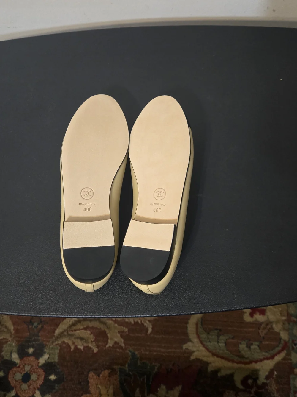 Chanel Two-Tone Leather Cap-Toe Ballet Flats in Beige & Black
